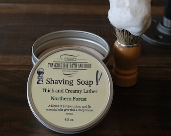 Northern Forest Shaving Soap in a usable tin great for travel or home use. For wet shaving. 4.5 oz