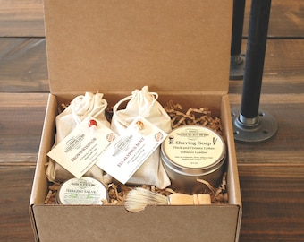 Shaving Kit Gift Box, 2 Bars cold process soap, Shaving soap, shaving brush, and a healing salve just in case.  A great Father's Day Gift!