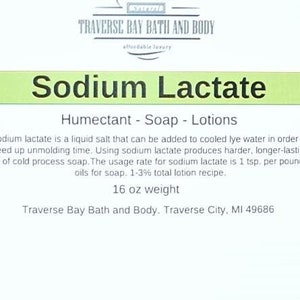 May include: A white plastic bottle with a green label that reads "Sodium Lactate" and "Humectant - Soap - Lotions". The label also includes instructions for using sodium lactate in soap and lotion making. The bottle contains 16 ounces of sodium lactate.