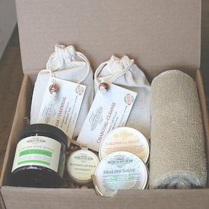 Gift box, 2 Bars cold process soap, Sisal wash cloth, Healing & Calendula salves, lip balm, body lotion. A great Mother&#39;s Day gift!