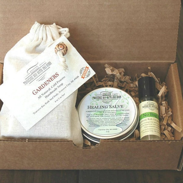 Gardeners Gift Box. One Gardeners soap, Healing Salve-all purpose salve and No Bug roll on essential oil. Great gift box for Mother's Day!