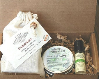 Gardeners Gift Box. One Gardeners soap, Healing Salve-all purpose salve and No Bug roll on essential oil. Great for Mother&#39;s Day!