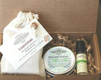 Gardeners Gift Box. One Gardeners soap, Healing Salve-all purpose salve and No Bug roll on essential oil. Great gift box for Mother's Day!