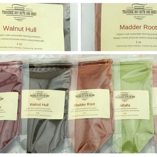 Natural Soap Colorants Sampler. 5oz - for Soap Making and Cosmetics. Beet root, Black walnut hull, Madder root, Alfalfa, Safflower.