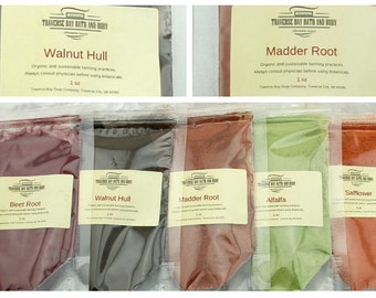 Natural Soap Colorants Sampler. 5oz - for Soap Making and Cosmetics. Beet root, Black walnut hull, Madder root, Alfalfa, Safflower.