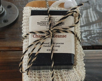 Charcoal Cleanse, all natural handmade soap, with soap dish and soap saver bag.  Healing essential oil soap, Great gift.