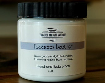 Tobacco Leather Moisturizing Hand & Body lotion 4 oz size.