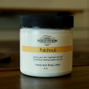 Patchouli Moisturizing Hand & Body lotion -  4oz. Bedside size. Earthy and herbaceous with a woodsy base.
