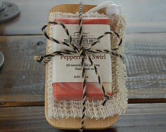 Peppermint Swirl, all natural handmade soap, with soap dish and soap saver bag. Healing Essential oil soap, Great gift.