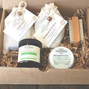 Gardeners Gift Box, One Gardeners Soap, Workshop Pumice Soap, Boar bristle nail brush & 2 oz tin Healing Salve. Great Gift for Mother's Day