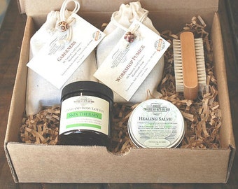 Gardeners Gift Box, One Gardeners Soap, Workshop Pumice Soap, Boar bristle nail brush & 2 oz tin Healing Salve. Great Gift for Mother's Day