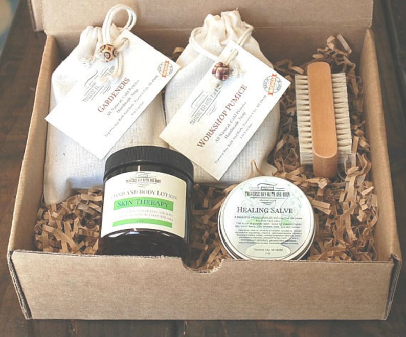 Gardeners Gift Box, One Gardeners Soap, Workshop Pumice Soap, Boar bristle nail brush & 2 oz tin Healing Salve. Great Gift for Mother's Day image 1