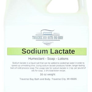 May include: A white plastic bottle with a green label that reads "Sodium Lactate" and "Humectant - Soap - Lotions". The label also includes instructions for using sodium lactate in soap and lotion making. The bottle contains 16 ounces of sodium lactate.