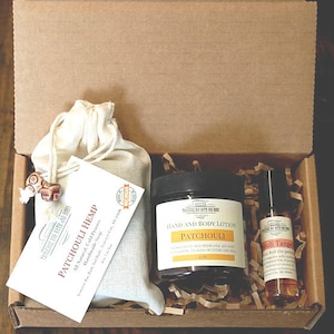 Patchouli Lovers Gift Box. One patchouli hemp soap, Patchouli tangerine perfume oil and Patchouli lotion. A great Mother&#39;s Day Gift!