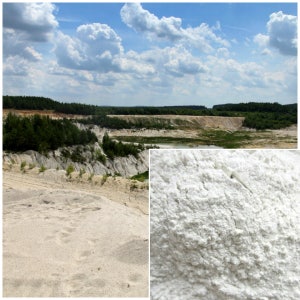 May include: A large quarry with white sand and a small lake in the background. A close-up of the white sand shows its fine texture.