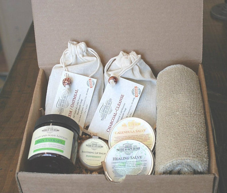 Gift box, 2 Bars cold process soap, Sisal wash cloth, Healing & Calendula salves, lip balm, body lotion.  Great Gift for Father's Day! 