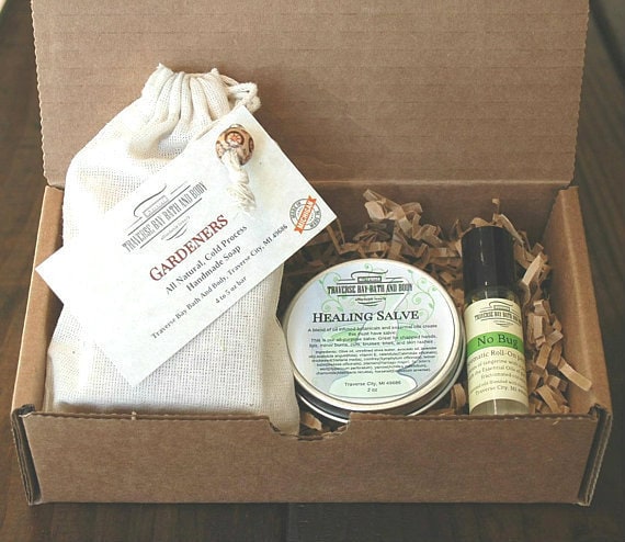 Gardeners Gift Box. One Gardeners Soap, Healing Salve-all Purpose Salve and  No Bug Roll on Essential Oil. Great Gift Box for Mother's Day 