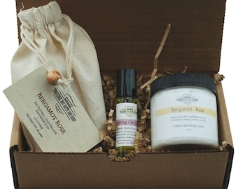 Floral Gift Box, Bergamot Rose bar soap & Body lotion, Spring Orchards essential oil roll-on.  Great Mother's Day gift!