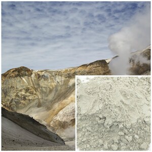 May include: A close-up of a pile of light gray volcanic ash. The ash is loose and powdery, with a slightly rough texture. The ash is a natural product, formed from volcanic eruptions.