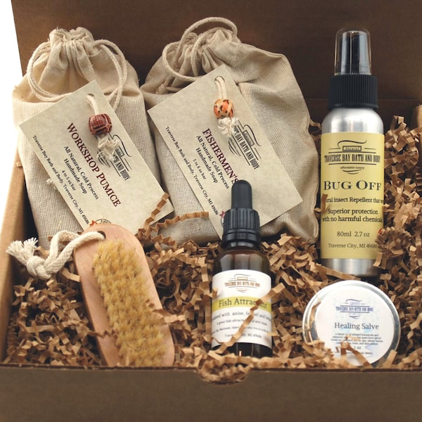 Fishing Gift Box. Fishing soap, Deet free bug spray, Fish attractant, and more. A great Mother or Father's Day Gift!