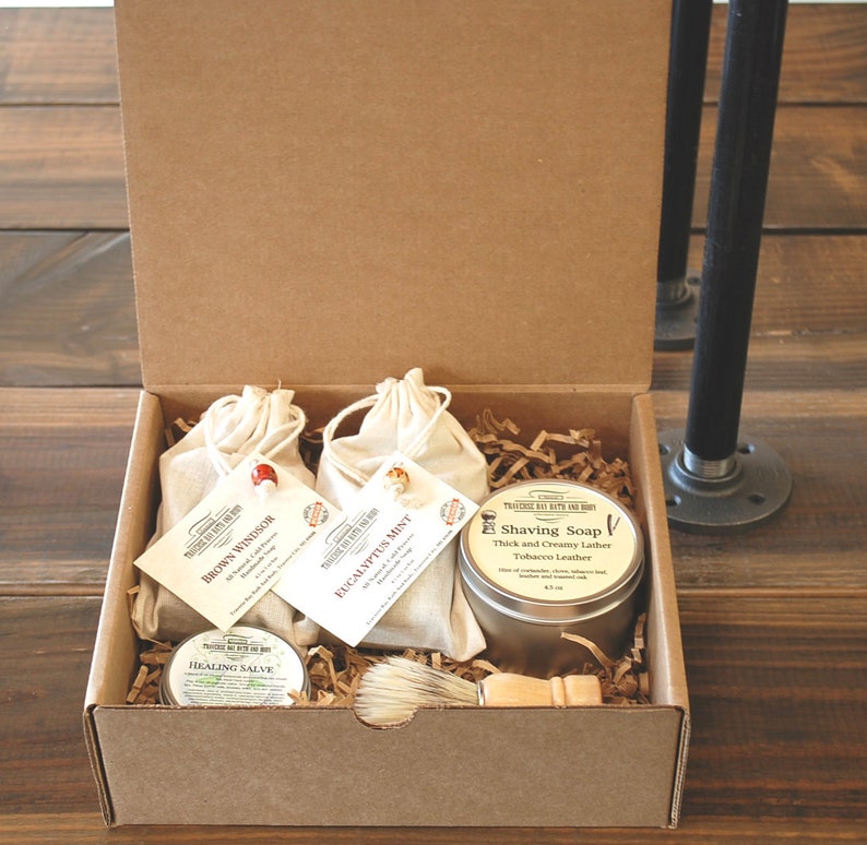 Shaving Kit Gift Box, 2 Bars cold process soap, Shaving soap, shaving brush, and a healing salve just in case.  A great Father's Day gift! 