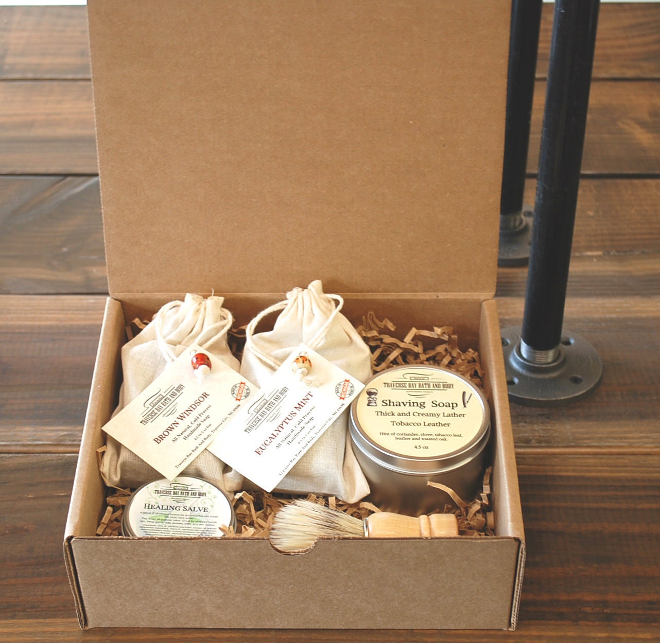 Shaving Kit Gift Box, 2 Bars cold process soap, Shaving soap, shaving brush, and a healing salve just in case. A great Father's Day Gift!