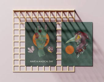 Colección de postales mágicas, Conjunto de 4 u 8 postales / Postal de arte / Juego de postales brujas / Mini impresiones / Impresión de arte