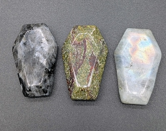 Mini Gemstone Coffins: Larvikite, Dragon Bloodstone, or Labradorite (Set of 3)