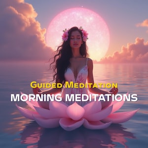 May include: A woman meditating on a pink lotus flower in a serene water setting. The image features a large pink sun and text that reads "Guided Meditation" and "Morning Meditations". The woman wears a white dress and a floral crown.