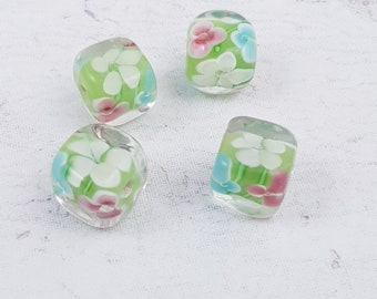 4 x 10mm Square Flower Beads. Florida Beads. Lampwork Beads B82
