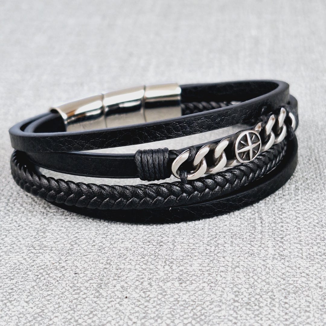Adjustable Black Vegan Leather Bracelet: Unisex Stainless Steel