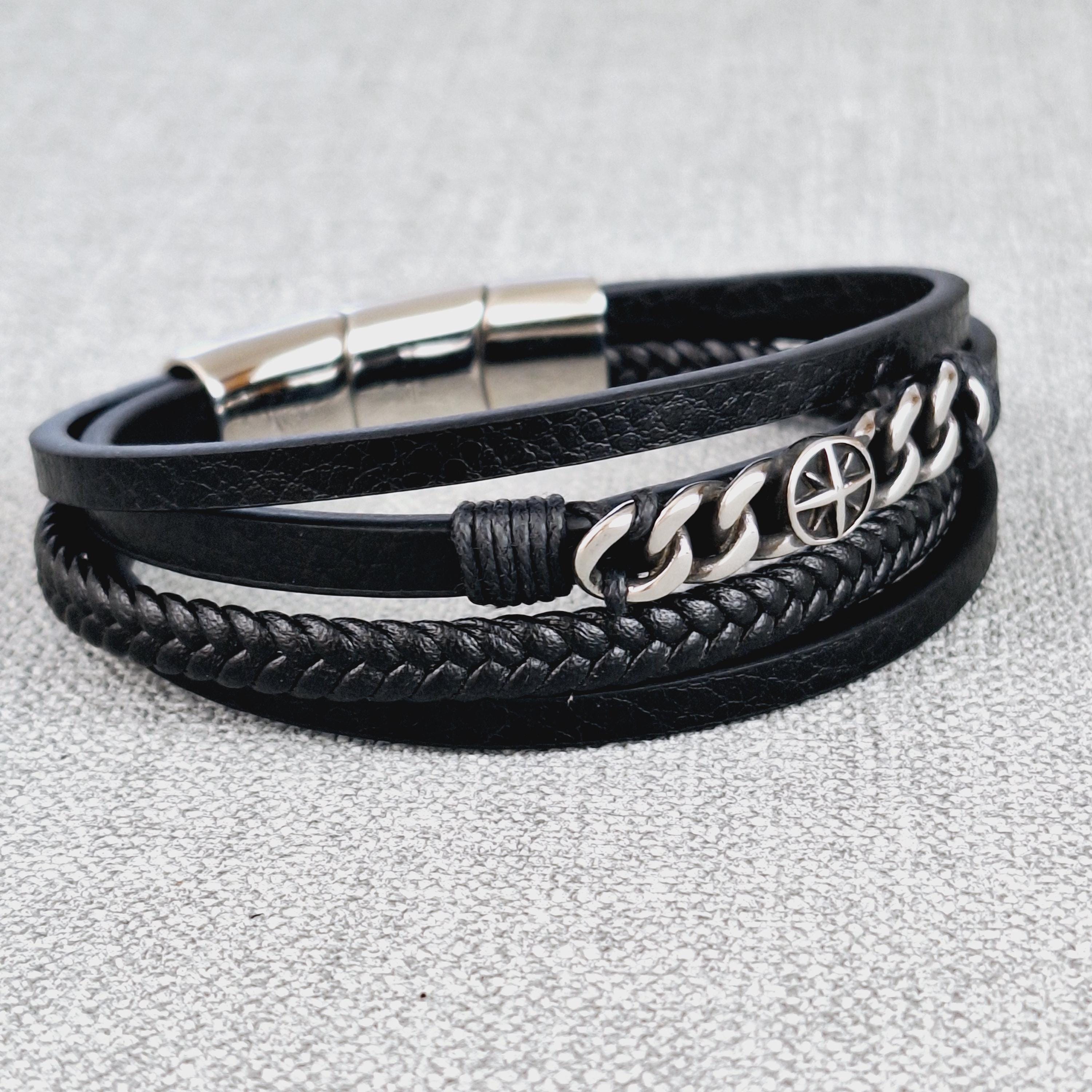 Adjustable Black Vegan Leather Bracelet: Unisex Stainless Steel