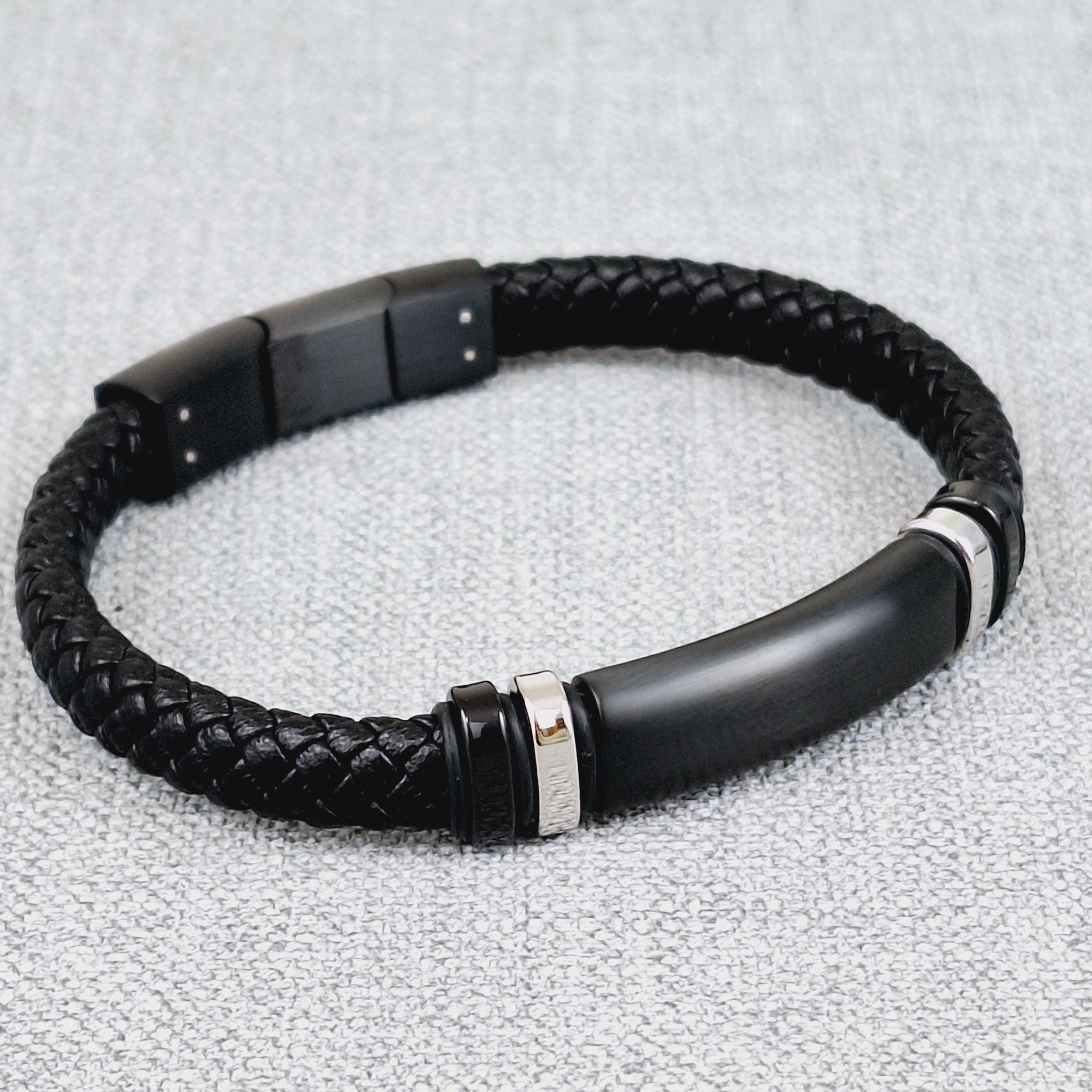 Black Vegan Leather Bracelet: Stainless Steel Magnetic Clasp - Etsy
