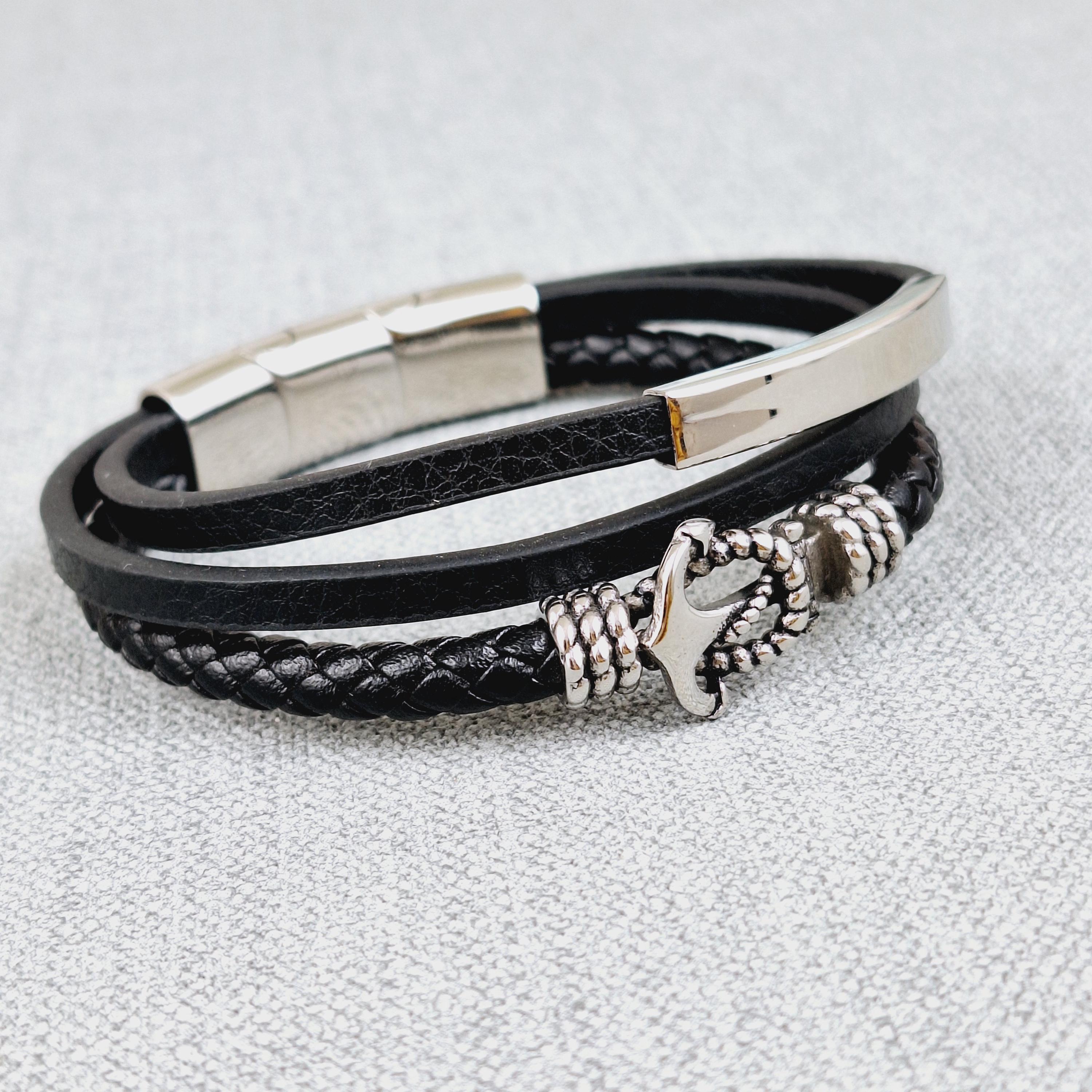 Adjustable Black Vegan Leather Bracelet With Stainless Steel Plate