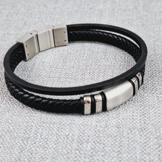 Adjustable Black Vegan Leather Bracelet: Stainless Steel Plate