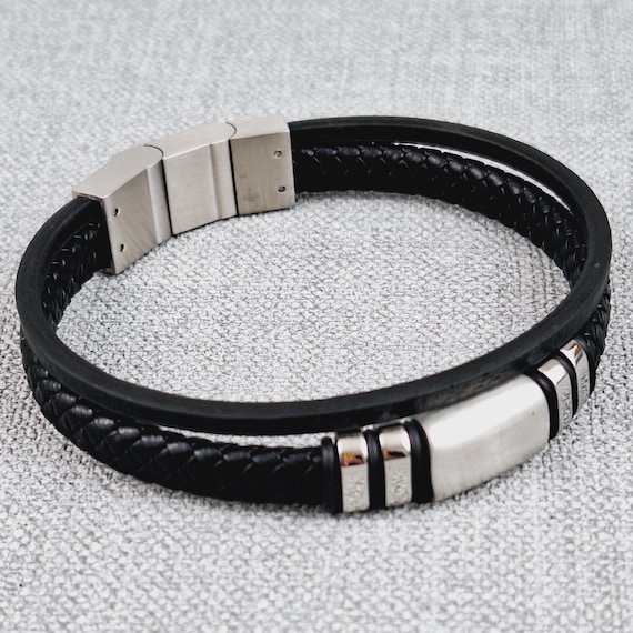Adjustable Black Vegan Leather Bracelet: Stainless Steel Plate
