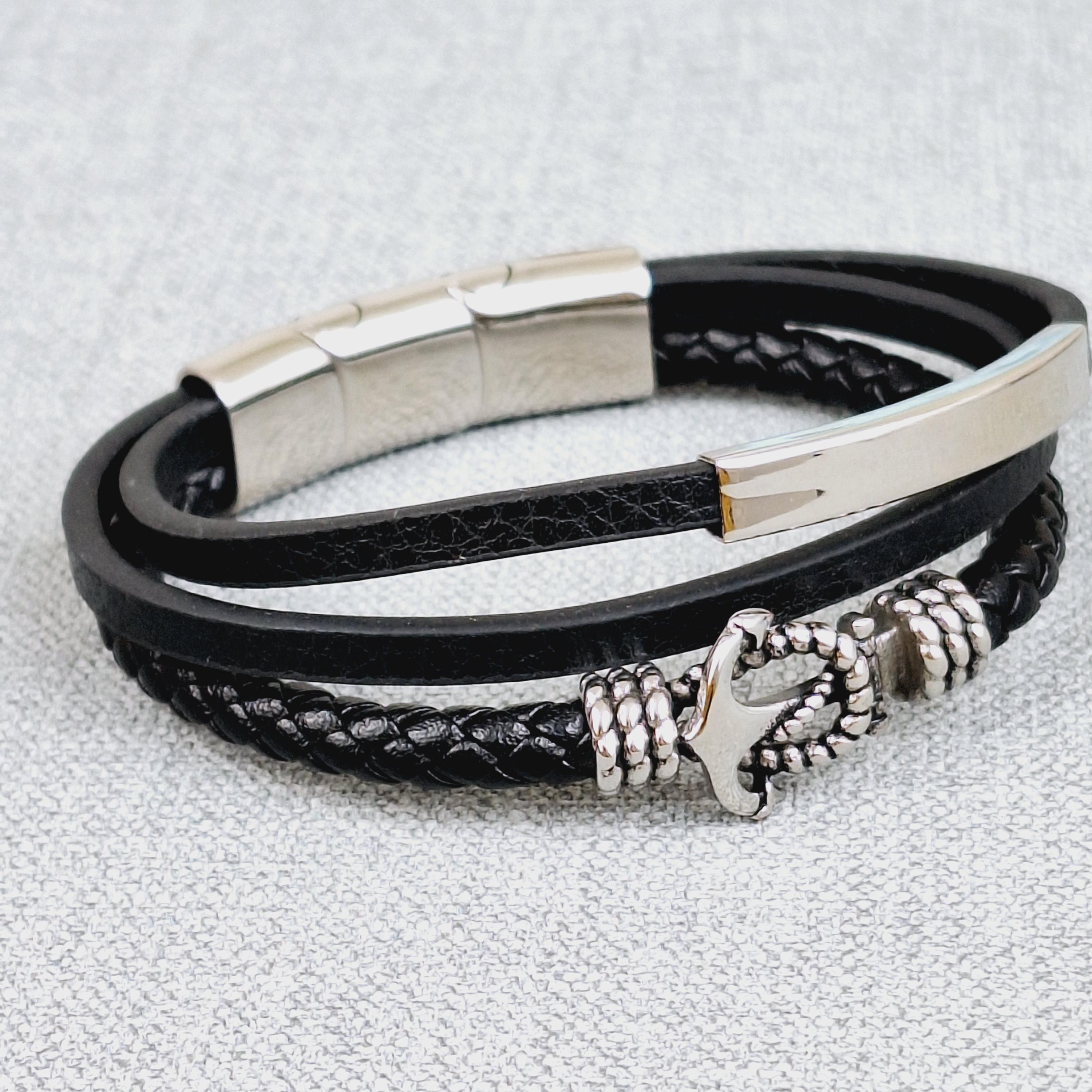 Adjustable Black Vegan Leather Bracelet With Stainless Steel Plate