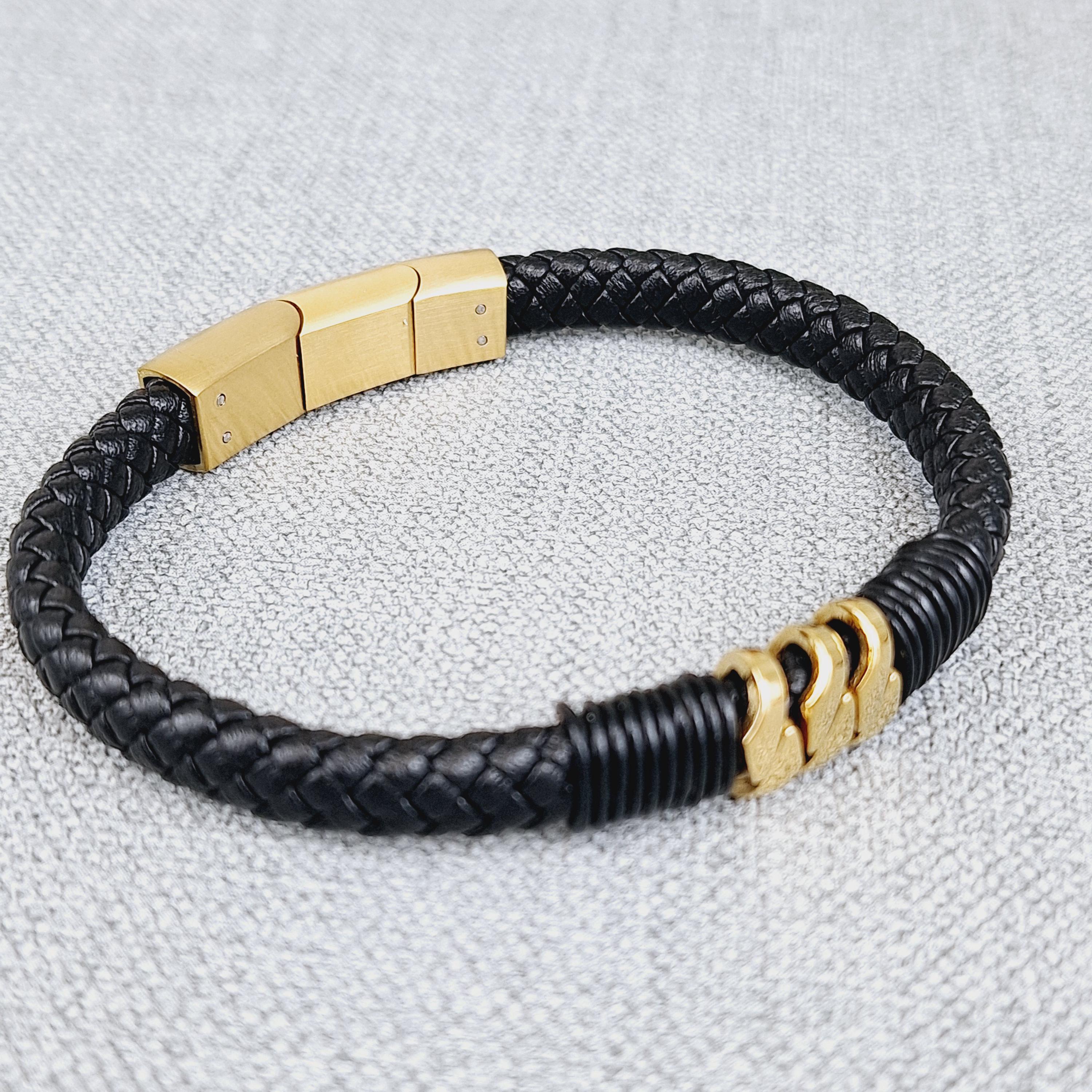 Black Braided Vegan Leather Bracelet With Gold Magnetic Clasp - Etsy