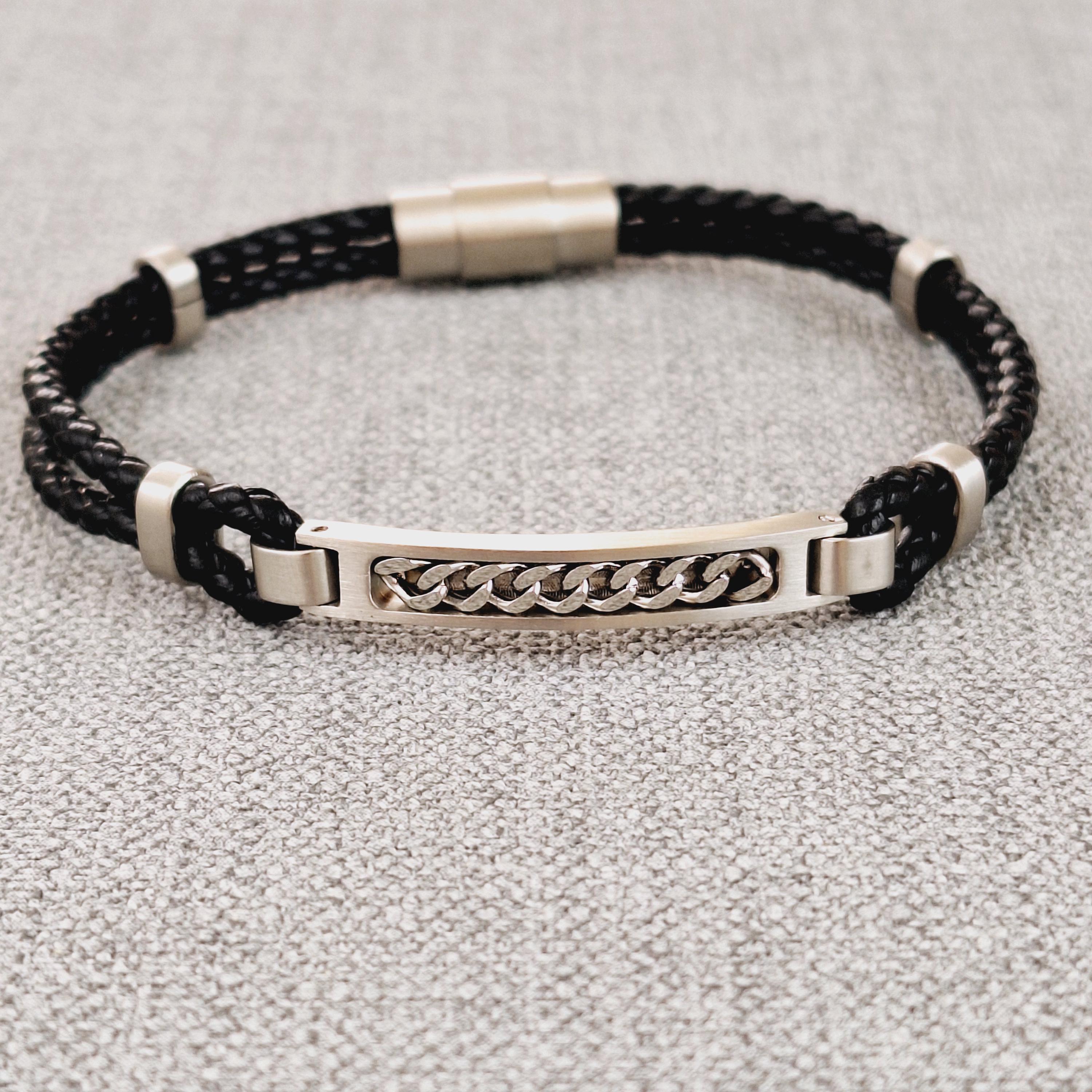 Black Vegan Leather Bracelet With Stainless Steel Plate - Etsy