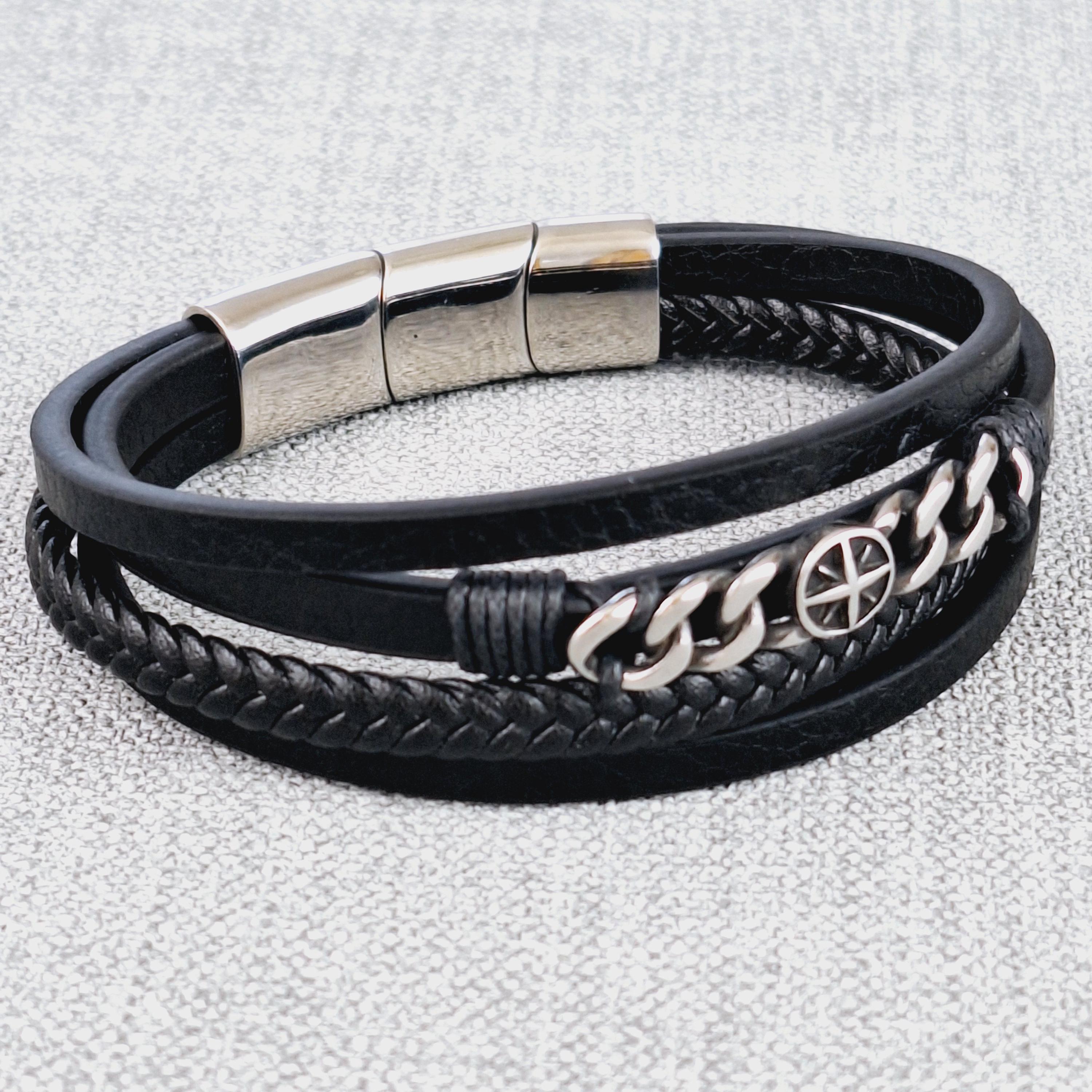 Adjustable Black Vegan Leather Bracelet: Unisex Stainless Steel