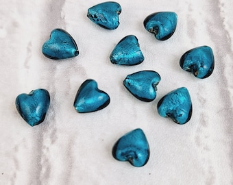 10 Murano Glass Heart, Foil Glass Beads Heart, Glass Hearts, Venetian Glass Beads, Czech Glass Beads 12mm B1