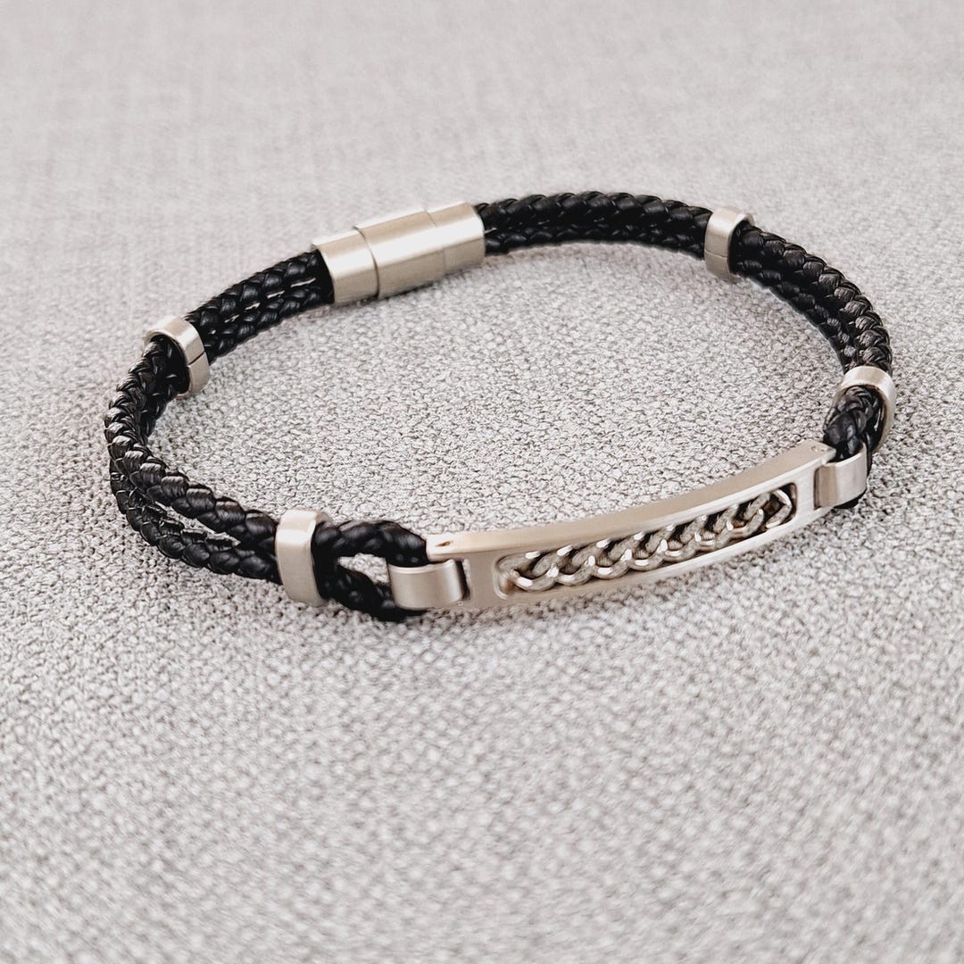 Black Vegan Leather Bracelet With Stainless Steel Plate - Etsy