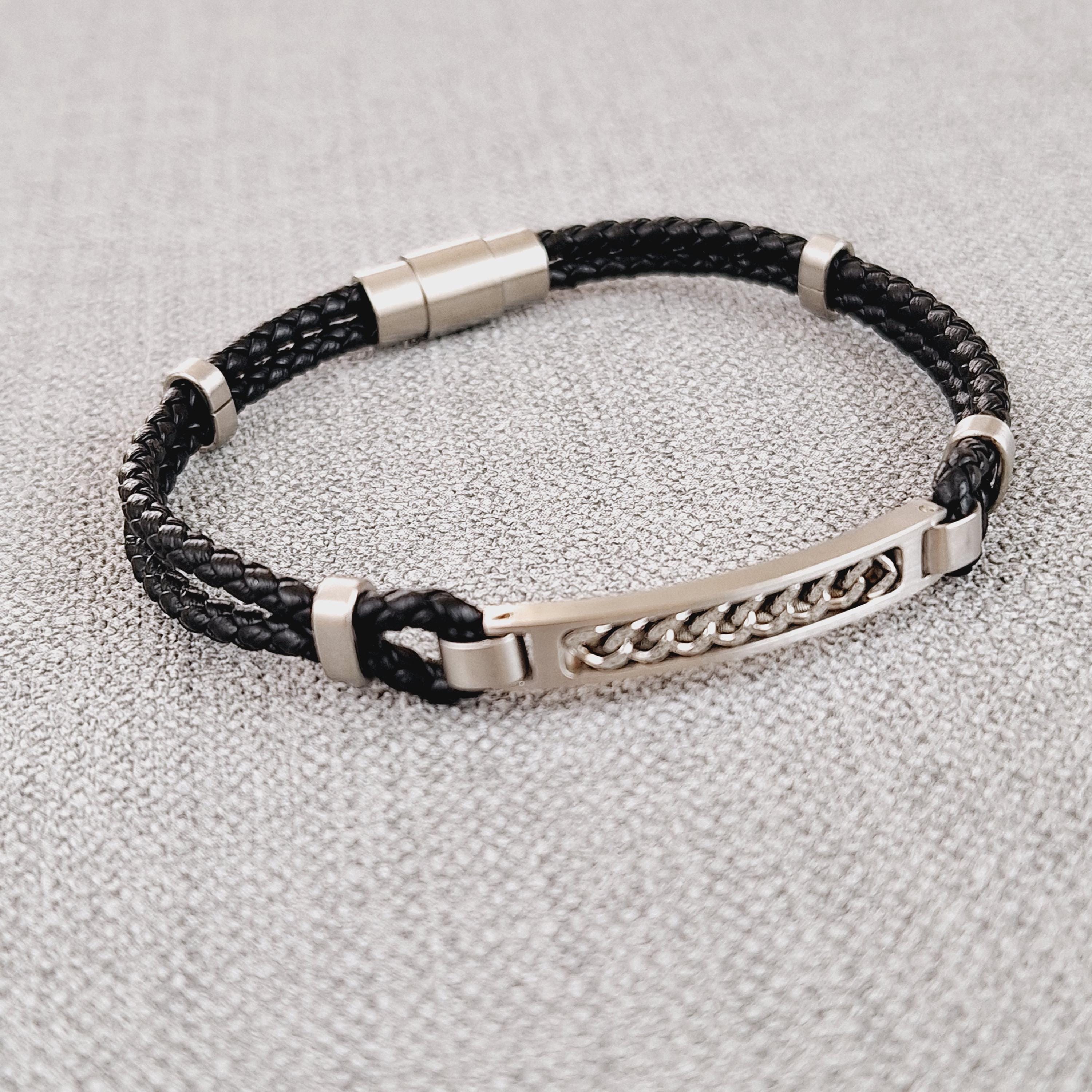 Black Vegan Leather Bracelet With Stainless Steel Plate - Etsy