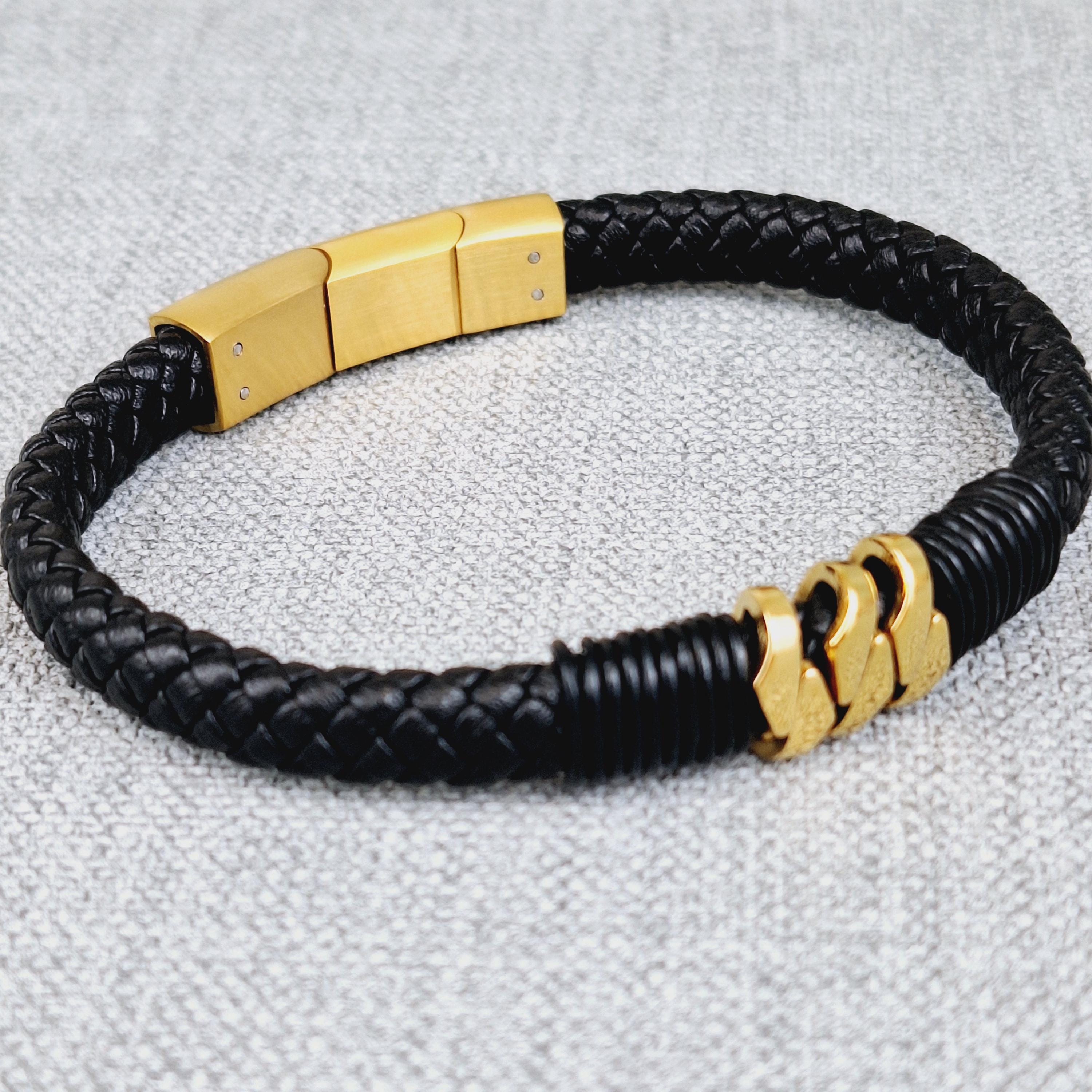 Black Braided Vegan Leather Bracelet With Gold Magnetic Clasp - Etsy