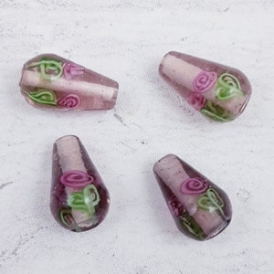 4 x 17mm Teardrop Flower Beads, Lampwork Beads B97
