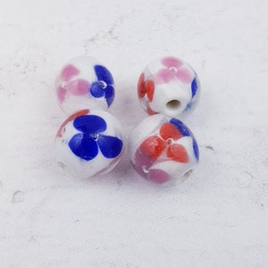 4 x 10mm Round Flower Beads, Lampwork Beads B118