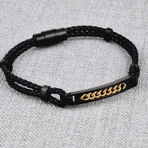 Black Vegan Leather Bracelet: Stainless Steel Magnetic Clasp