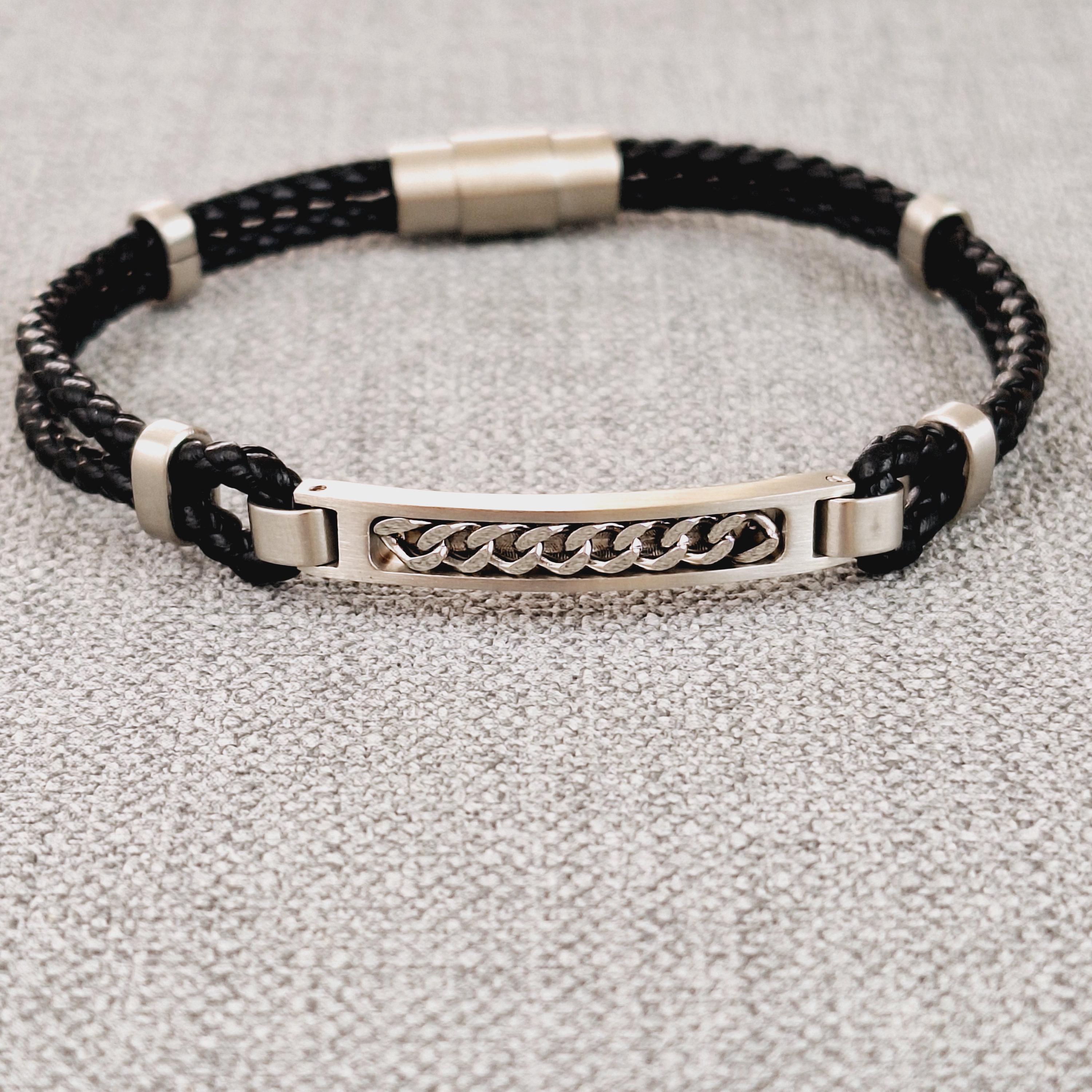 Black Vegan Leather Bracelet With Stainless Steel Plate - Etsy