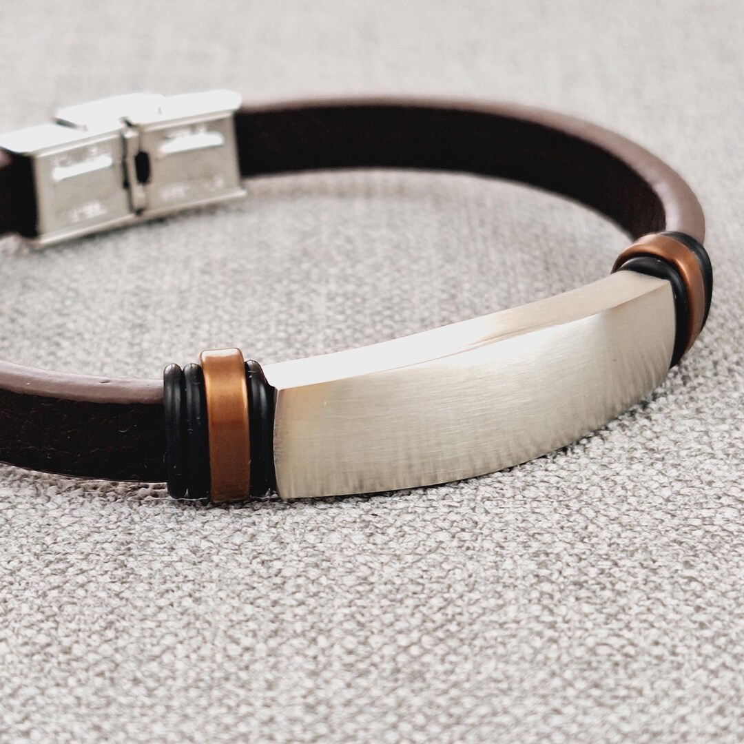 Adjustable Brown Vegan Leather Bracelet With Brushed Stainless