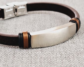 Adjustable Brown Vegan Leather Bracelet with Brushed Stainless Steel Plate
